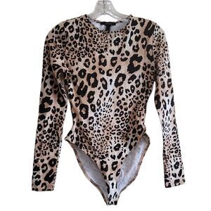 Forever 21 Animal Print Long Sleeve Open Back Bodysuit Size Medium